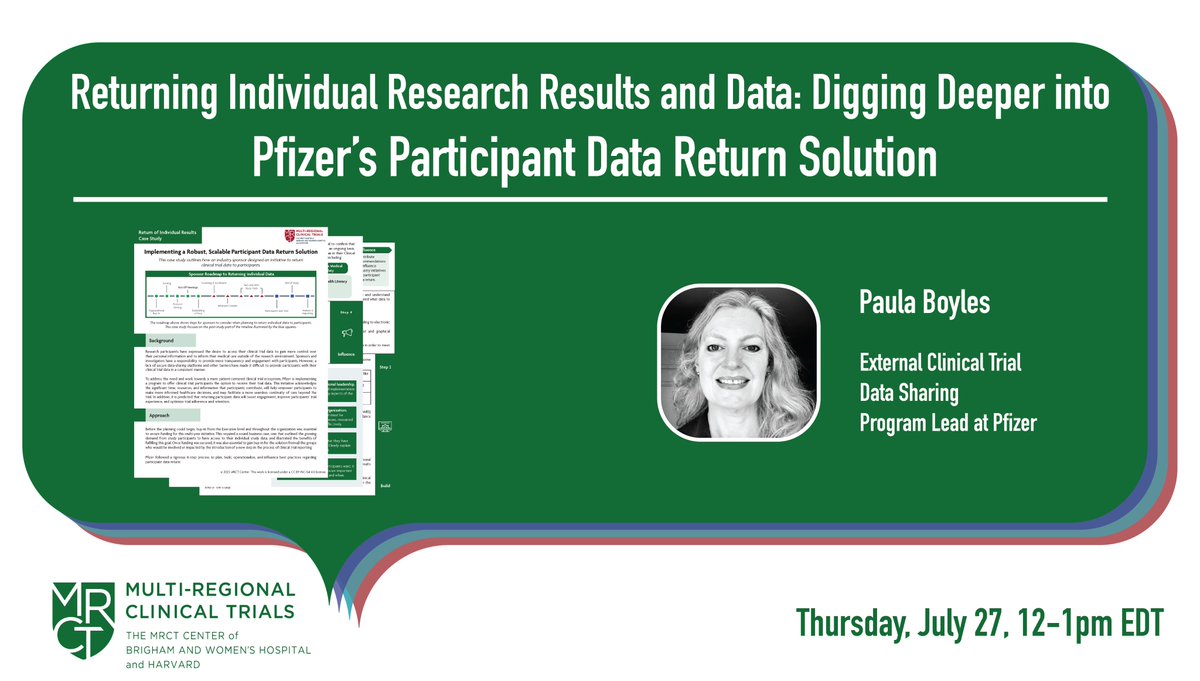 Multi-Regional Clinical Trials Center (@mrctcenter) on Twitter photo Learn more about when and what results and data could be returned to trial participants. Bring your questions to discuss with Pfizer’s Paula Boyles to <a href="/MRCTCenter/">Multi-Regional Clinical Trials Center</a>'s Digging Deeper case study summer webinar series on July 27, 12 – 1 PM ET. Register: bit.ly/3qW68iX Learn more about when and what results and data could be returned to trial participants. Bring your questions to discuss with Pfizer’s Paula Boyles to <a href="/MRCTCenter/">Multi-Regional Clinical Trials Center</a>'s Digging Deeper case study summer webinar series on July 27, 12 – 1 PM ET. Register: bit.ly/3qW68iX