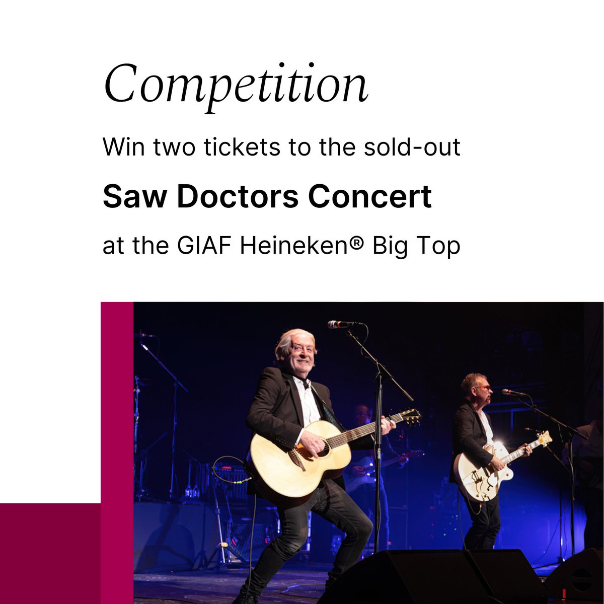 We’re giving you ANOTHER chance to win! 🤩 Enter our #ToWinJustOnce competition for a chance to attend the SOLD-OUT Saw Doctors gig at Heineken® Big Top on Saturday 29th July. LIKE & TAG a friend to enter. Sharing is Caring!🤘🎪 #SawDoctors @GalwayIntArts @SawDoctors #GIAF23