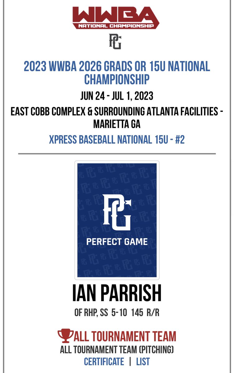 Ian Parrish (@ian_parrish7) on Twitter photo Named to the WWBA 15U National Championship All Tournament Team. Thank you <a href="/PerfectGameUSA/">Perfect Game USA</a>. Named to the WWBA 15U National Championship All Tournament Team. Thank you <a href="/PerfectGameUSA/">Perfect Game USA</a>.