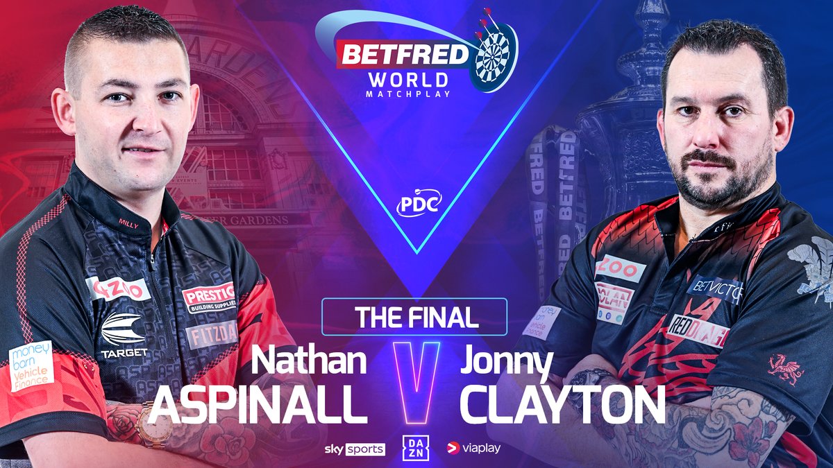 OfficialPDC's tweet photo. THE FINAL! 🏆

This is the moment we've all been waiting for!

Nathan Aspinall takes on Jonny Clayton in the @Betfred World Matchplay final, as the pair compete for the right to lift the Phil Taylor Trophy!

📺 https://t.co/DTtJ9feFOI | #WMDarts Final https://t.co/QzcL5DFYvx