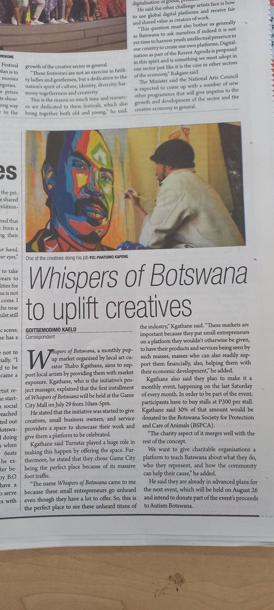 ArtdealingSyd's tweet photo. Don't forget to book your stall for our upcoming market.. P100 out of every stall payment funds goes to B.S.P.C.A.. so you'll always be helping an NGO🙏❤️

And a huge thank you to @Mmegi for the amazing article 

#popupmarket #pushabw #whispersofbotswana https://t.co/VLIpB9bNDg