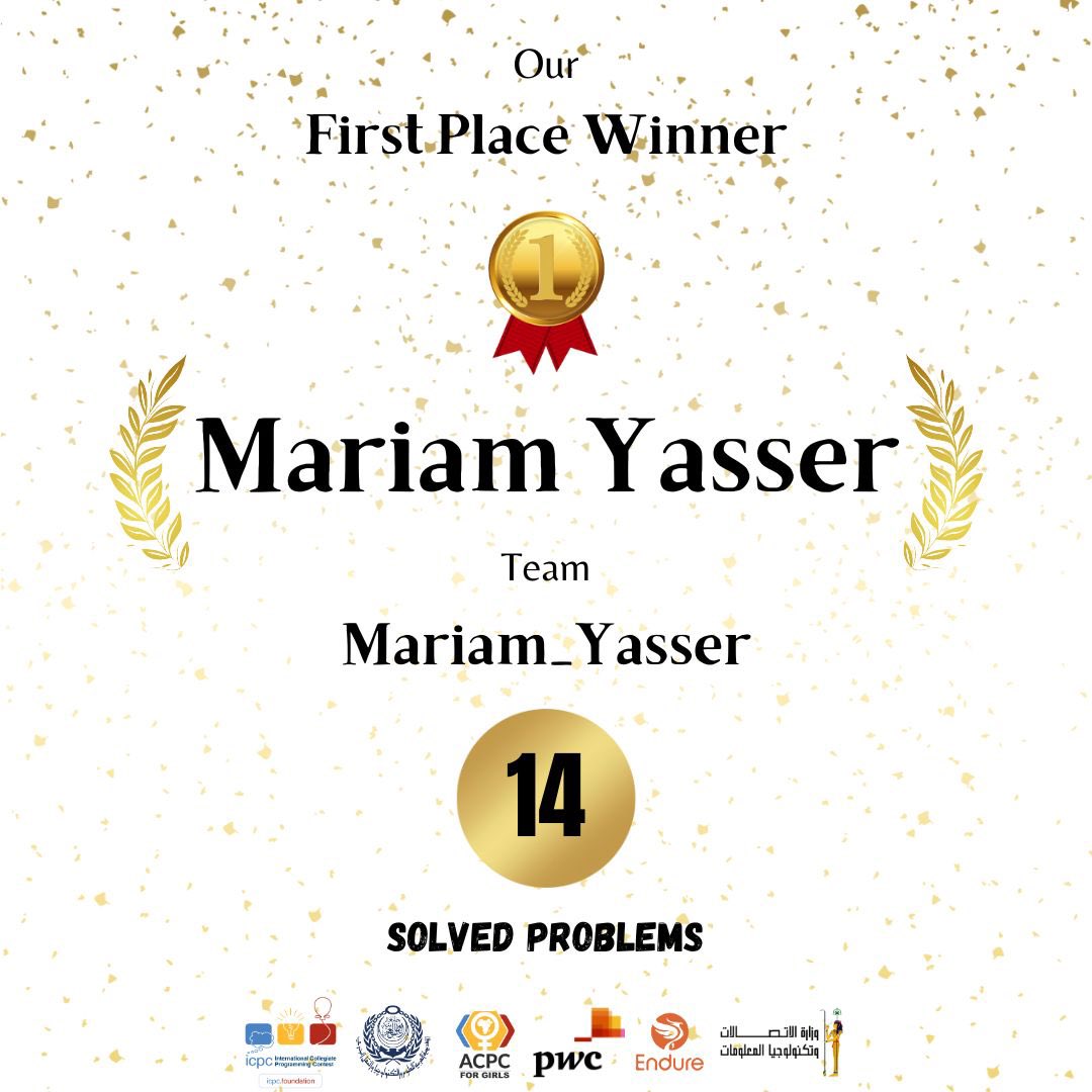 AcpcGirls's tweet photo. Let’s welcome our first-place winner ✨Mariam Yasser✨

#acpcnews #ACPC #girlsACPC #girlsacpc2023 #girlsacpc_judges #AASTMT #MinistryofCommunications #PWC #endure https://t.co/zP6LT1feeQ