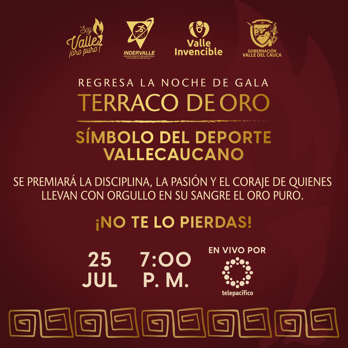 TwiterosCali's tweet photo. Regresa la noche de gala #TerracoDeOro, símbolo del deporte vallecaucano.
La disciplina, la pasión y el coraje de quienes llevan con orgullo en su sangre El Oro Puro, serán premiados estemartes 25 de julio, a partir de las 7:00 de la noche.
Sigue la transmisión en directo por @TelepacificoTV.
Invita: @GobValle, Valle Invencible e @Indervalle.