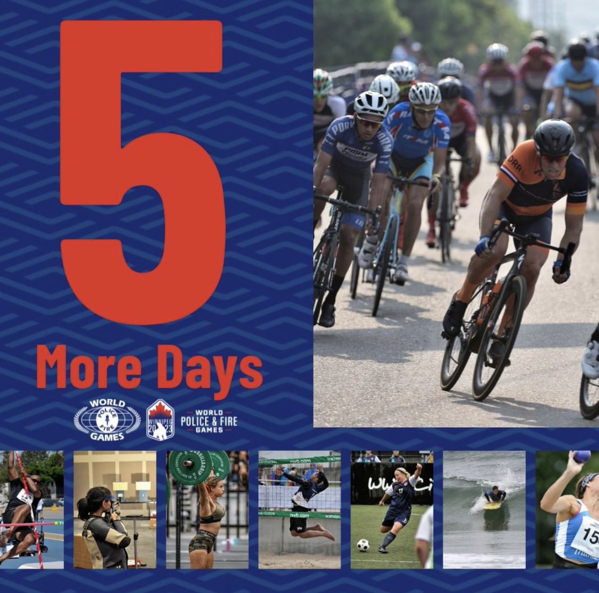 5 days out! Are you ready for the 2023 World Police & Fire Games? 

#Sports #Winnipeg #Canada #FirstResponders #2023WPFG #WPFG #SeeYouinWinnipeg #FrontLinetoFinishLine #Manitoba #OnlyInThePeg