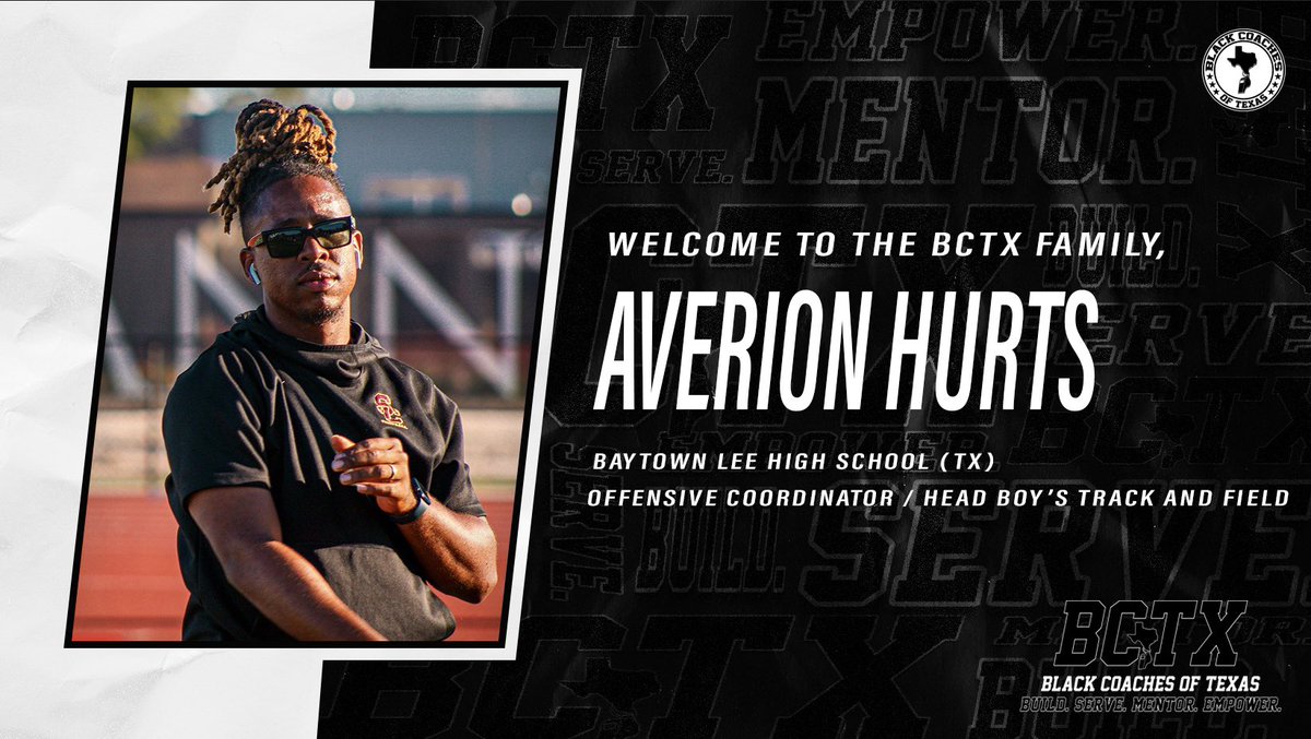 BlackCoachesTX's tweet photo. Welcome to the #BCTX🫱🏾‍🫲🏿 family @CoachHurts2!

Build. Serve. Mentor. Empower.

Join the #BCTX🫱🏾‍🫲🏿 today! https://t.co/sQsnxoMsYX