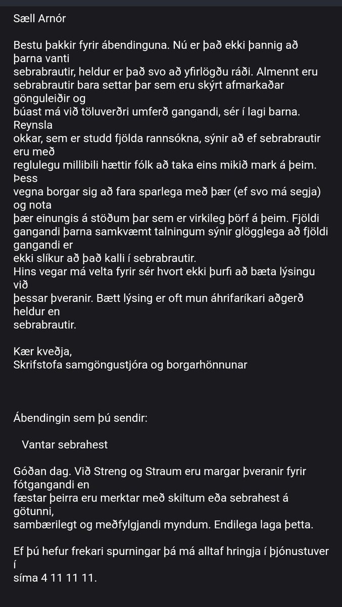 Þannig að í staðin fyrir að lögreglan tryggi að ökumenn fari að lögum við gangbrautir (með auknum sýnileika og sektum við brotum) er bara sleppt því að nota gangbrautir og gangbrautarmerkingar.

@reykjavik, Make it make sense.