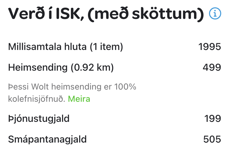 "Hvað kostar heimsending hjá ykkur?"
"499 kr."
"Geggjað! Þá ætla ég að panta þetta tilboð og fá það sent heim."
"Ó, ertu að panta eitthvað ódýrt? Þá kostar heimsendingin 1.203 kr."

Ég hata heimsendingar á Íslandi.