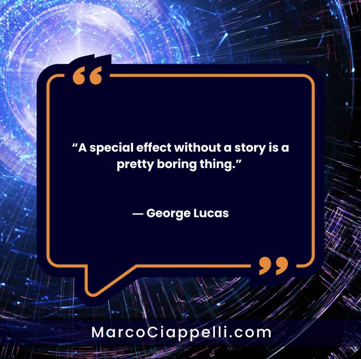MarcoCiappelli's tweet image. “A special effect without a story is a pretty boring thing.”
― George Lucas

Technology will not take over human creativity and imagination unless we settle for mediocrity as the standard. 

That is the real risk, and I am quite afraid of it. 

I do not fear tech, I fear peps.