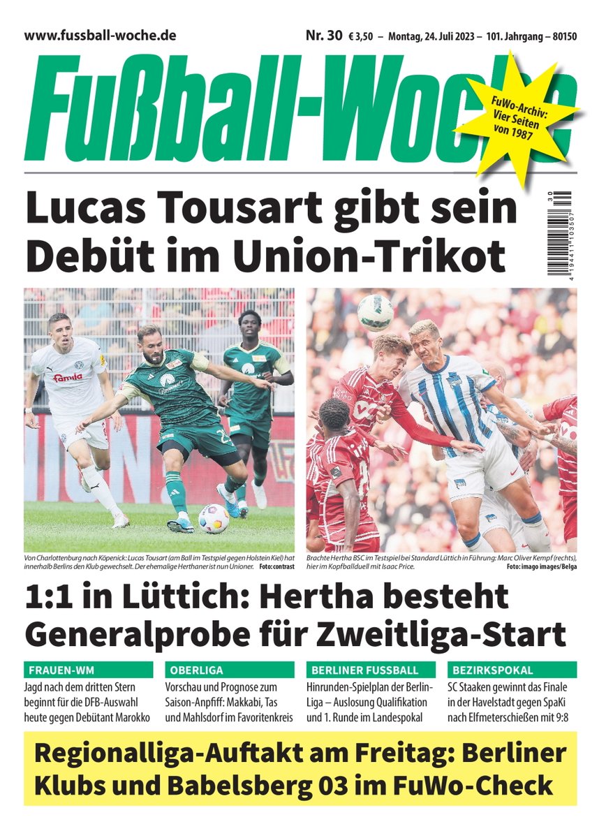 FuWoBerlin's tweet photo. Die Fußball-Woche ist wie gewohnt morgen mit interessanten Themen bei Ihrem Zeitungshändler erhältlich https://t.co/MHBuJMplnU