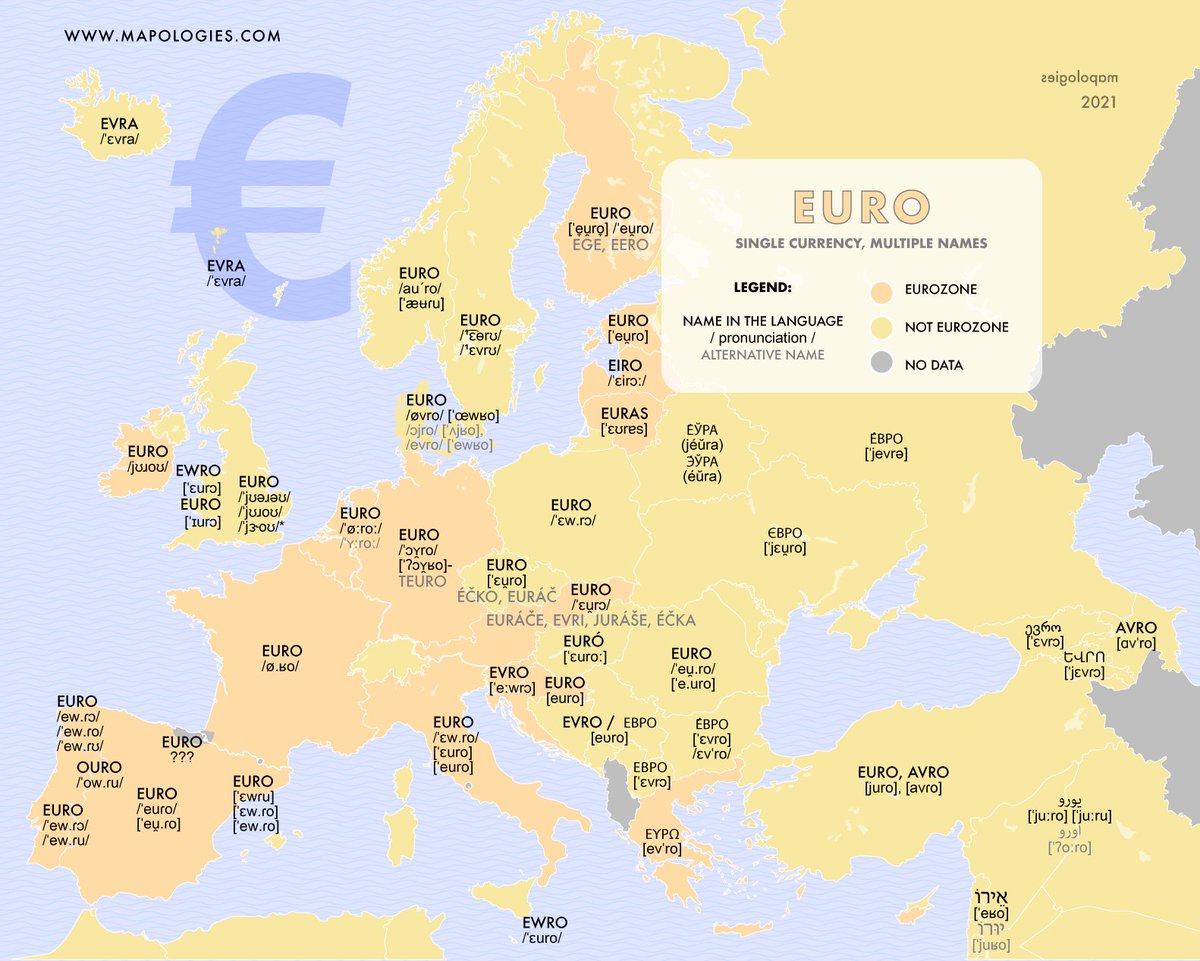Mapologies_com's tweet photo. A single #currency with multiple names

https://t.co/oL2EJxOXMc

#euro #map #mapologies #languges #phonetics https://t.co/AhGnWTPfVo
