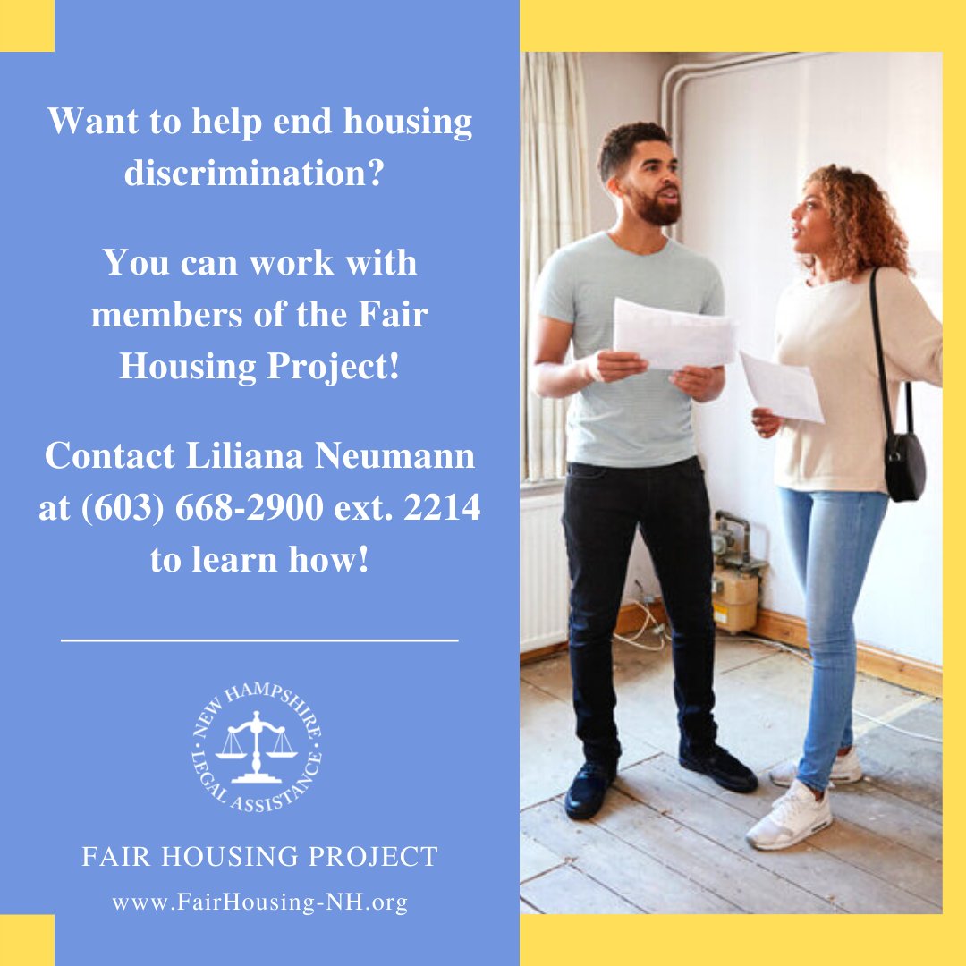 NH Justice for All (@nhjustice4all) on Twitter photo Help end housing discrimination in your community! Be on the lookout for opportunities to take part in paid training sessions with NHLA staff so you can become a #FairHousing tester. Learn more by following the link below.
bit.ly/3O1UMls Help end housing discrimination in your community! Be on the lookout for opportunities to take part in paid training sessions with NHLA staff so you can become a #FairHousing tester. Learn more by following the link below.
bit.ly/3O1UMls