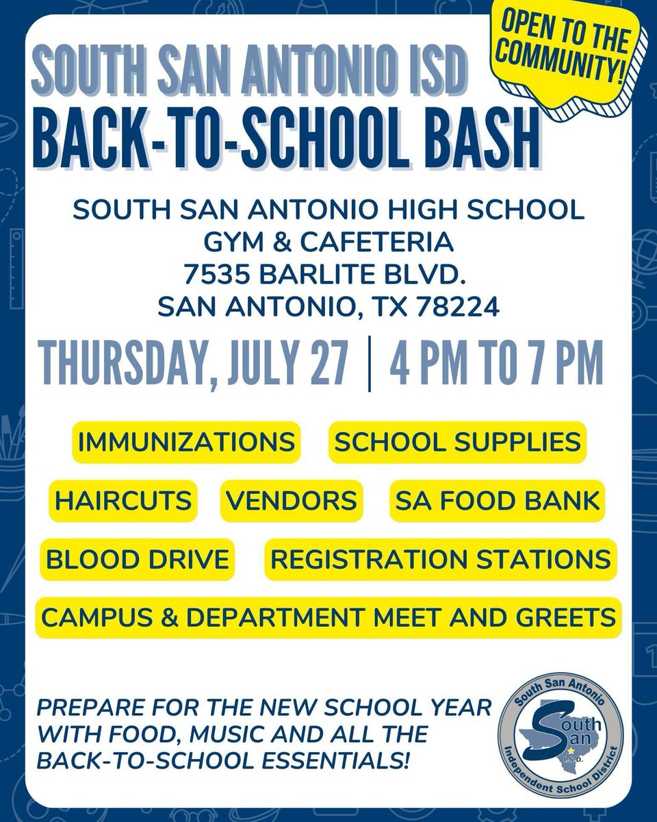 ssaisd's tweet photo. HAPPENING THIS WEEK: Our 2nd annual Back-to-School Bash is this Thurs. Jul. 27 from 4pm-7pm @SSAISDssahs!

Make sure your student(s) start the new school year off right with free school supplies, haircuts and more. We hope to see you there! #ChooseSouthSanISD #rootedsouthsanisd https://t.co/8t7AnjVJ9Y