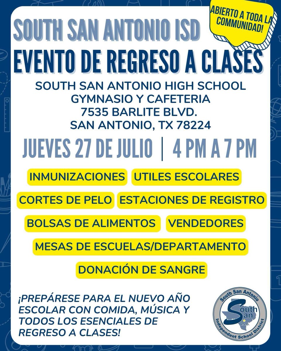 HAPPENING THIS WEEK: Our 2nd annual Back-to-School Bash is this Thurs. Jul. 27 from 4pm-7pm <a href="/SSAISDssahs/">South San HS</a>!

Make sure your student(s) start the new school year off right with free school supplies, haircuts and more. We hope to see you there! #ChooseSouthSanISD #rootedsouthsanisd