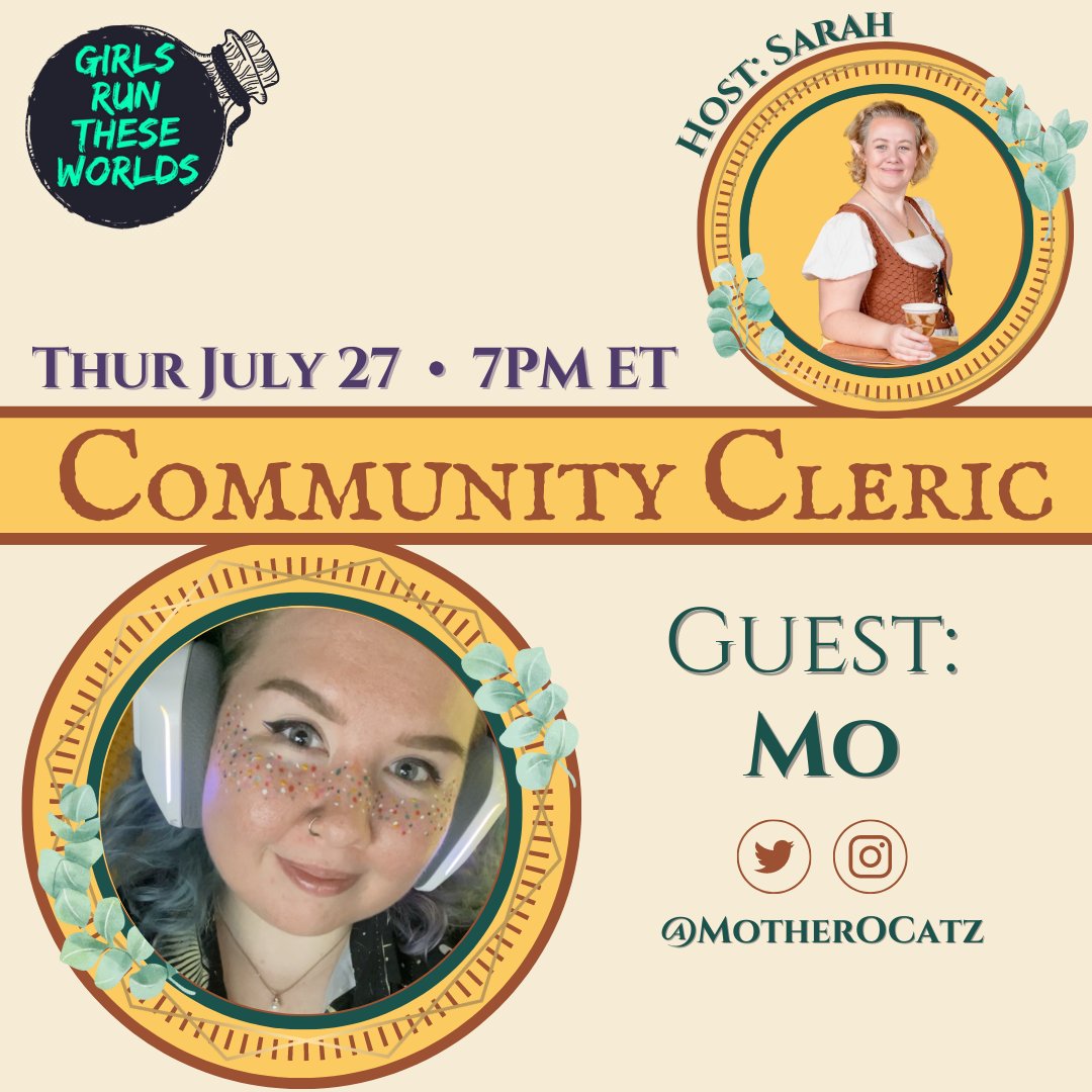 GirlsRunWorlds's tweet photo. THIS WEEK! Community Cleric host @SMoore_AD is joined in conversation by GRTW's own @MotherofCatz! They'll talk, dice, nerdy origins, and maybe get to the bottom of the really important question -  what's with all the crabs? Thursday at https://t.co/0SBBqNyeaR https://t.co/vCJ5CNT1fq