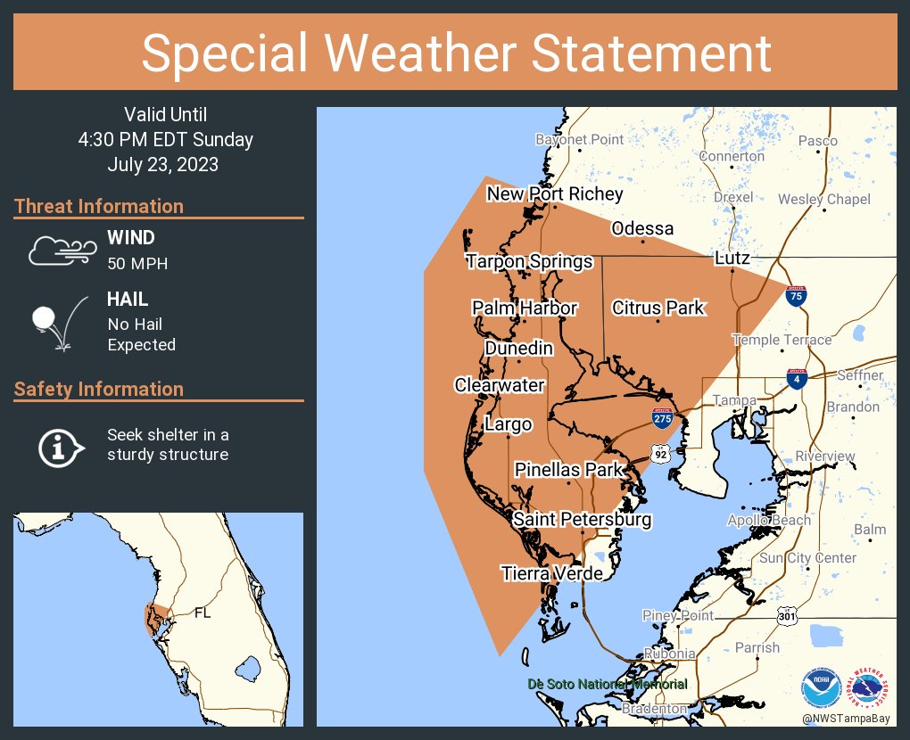 NWSTampaBay's tweet photo. A special weather statement has been issued for Saint Petersburg FL, Clearwater FL and  Largo FL until 4:30 PM EDT https://t.co/tzOYtHbmSt