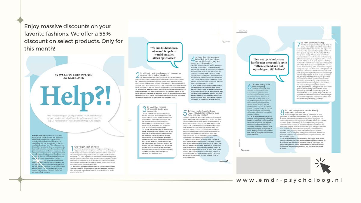 Vind je het ook moeilijk om
hulp te vragen?
Deze week in de Vriendin een interview met mij
waarin ik uitleg, waarom het soms lastig kan zijn
om hulp te vragen
Wil je het hele artikel lezen? bitly.ws/Mmzy