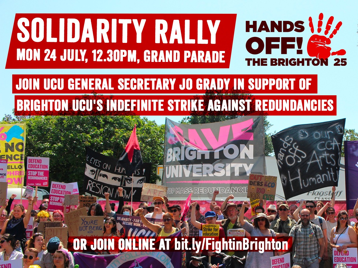 Please help Brighton win their dispute! Join the #TwitterStormSunday1811 for Brighton 10-11am this Mon 24 July. Use these hashtags. #SaveBrightonUni #BoycottBrightonUni Join the rally at 12.30 in person in Brighton or online: bit.ly/FightinBrighton @BrightonUCU
