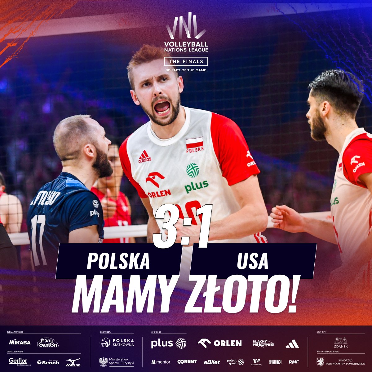 CO ZA MECZ! 🤩Polska zdobywa złoto #VNL2023 🏆
Panowie gratulujemy, to był piękny turniej ❗️
 
Polska-USA 3️⃣:1️⃣(25-23; 24-26; 25-18; 25-18)