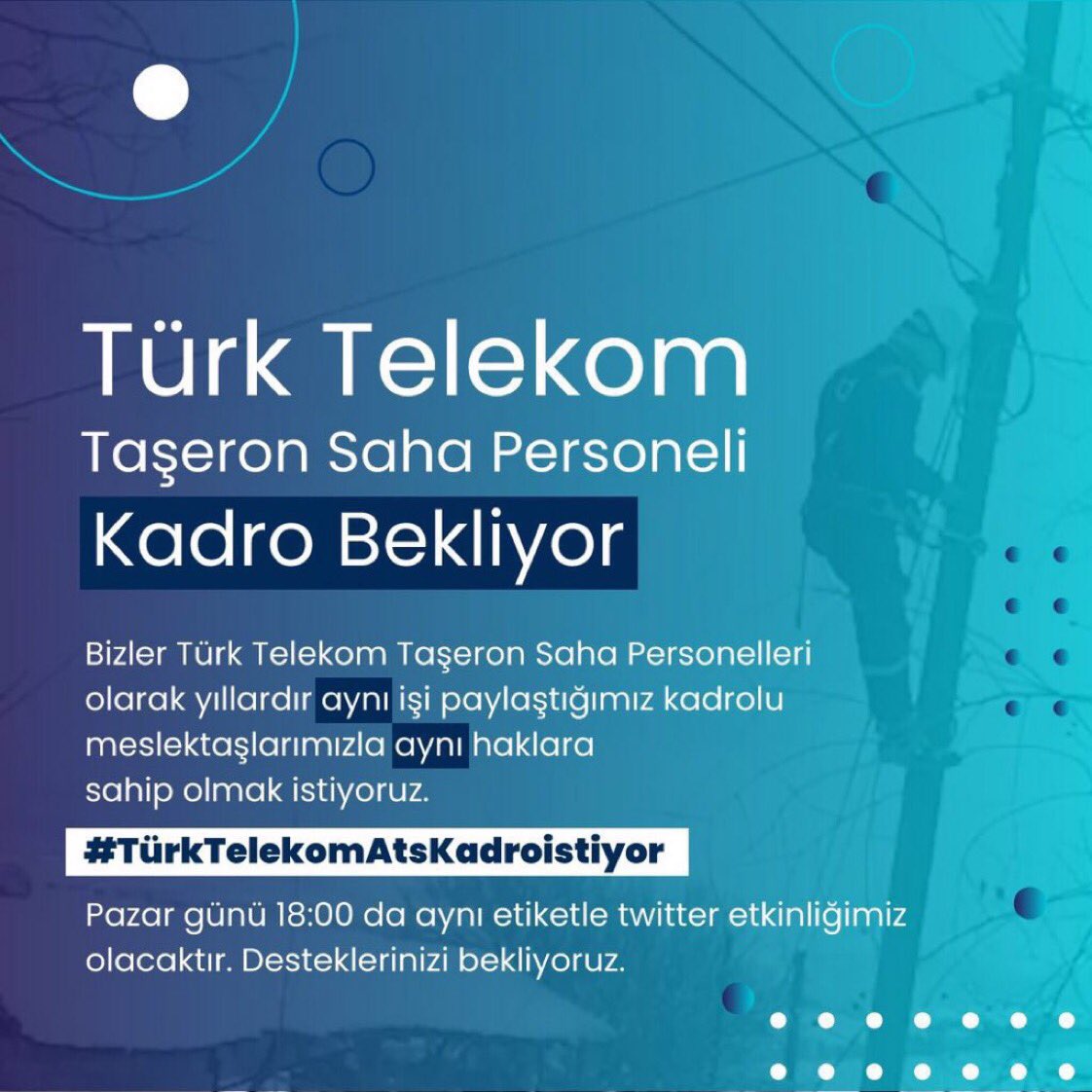 #TürkTelekomAtsKadroİstiyor

Türk Telekom Kadrolu Çalışana Verilen Hak ve Ücretler, Aynı İşyerinde Aynı İşi Yapan Taşeron Çalışana da Verilmelidir !

Eşit İşe Eşit Ücret !!!

<a href="/RTErdogan/">Recep Tayyip Erdoğan</a>
<a href="/dbdevletbahceli/">Devlet Bahçeli</a>
<a href="/ErbakanFatih/">Dr. Fatih Erbakan</a>
<a href="/a_uraloglu/">Abdulkadir URALOĞLU</a>
<a href="/UABakanligi/">T.C. Ulaştırma ve Altyapı Bakanlığı</a>
<a href="/ofatihsayan/">Dr. ÖMER FATİH SAYAN</a>
<a href="/umitonaltr/">Ümit Önal</a>
<a href="/SukruKutlu1/">Şükrü Kutlu</a>