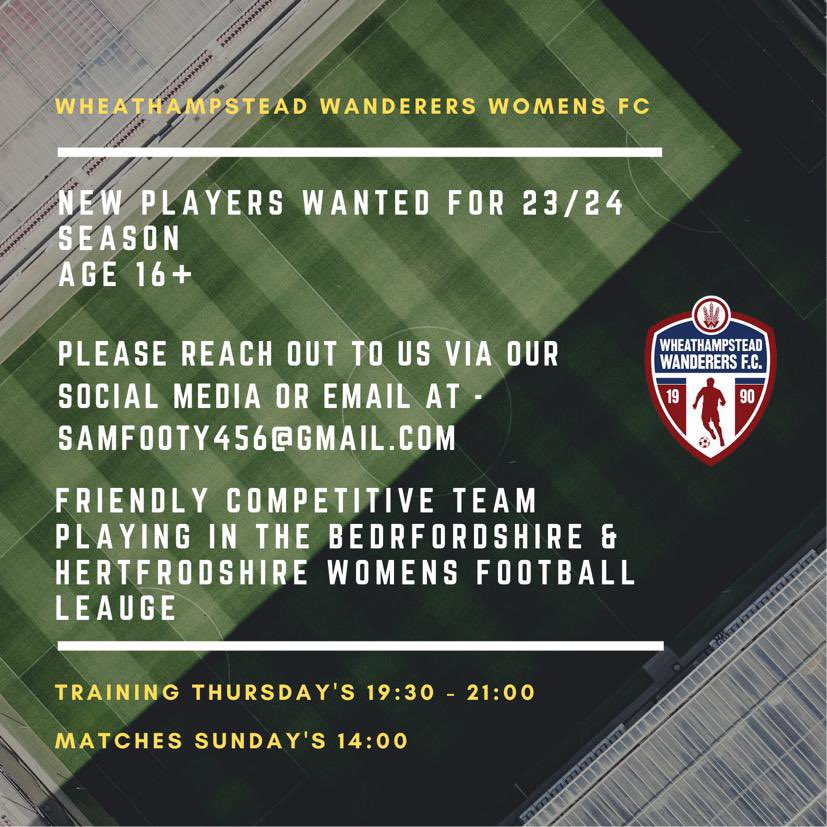 WheatyWanderers's tweet photo. ✨ NEW PLAYERS WANTED ✨ 
Drop us a DM if you’re interested! 

#bedsherts #grassroots #WomensFootball #WorldCup2023 https://t.co/UKMjJNCsOj