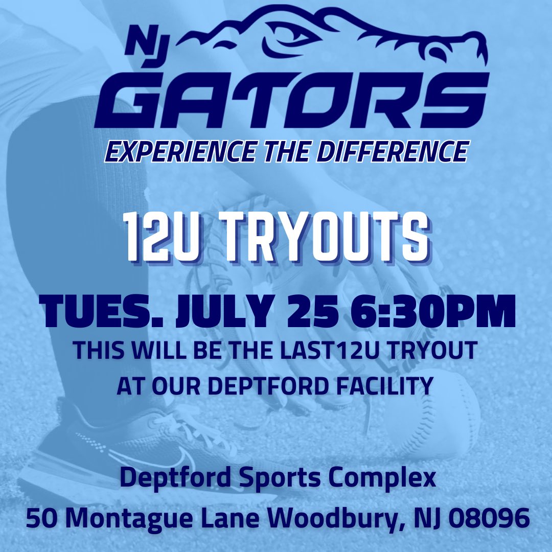 Experience the difference.
12U Tryouts this Tuesday, July 25 6:30pm at our Deptford facility!
Register here: newjerseygators.com/tryout-registr…