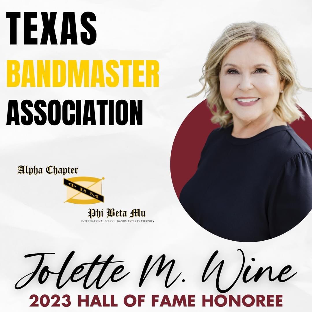 HUGE Congratulations to Jolette Wine (FWISD Instrumental Music Specialist) for her lifelong service to music education and induction into the Texas Bandmasters Association Hall of Fame! <a href="/txbandmasters/">Texas Bandmasters Association</a> <a href="/TMEA/">TMEA</a> <a href="/FortWorthISD/">Fort Worth Independent School District</a>