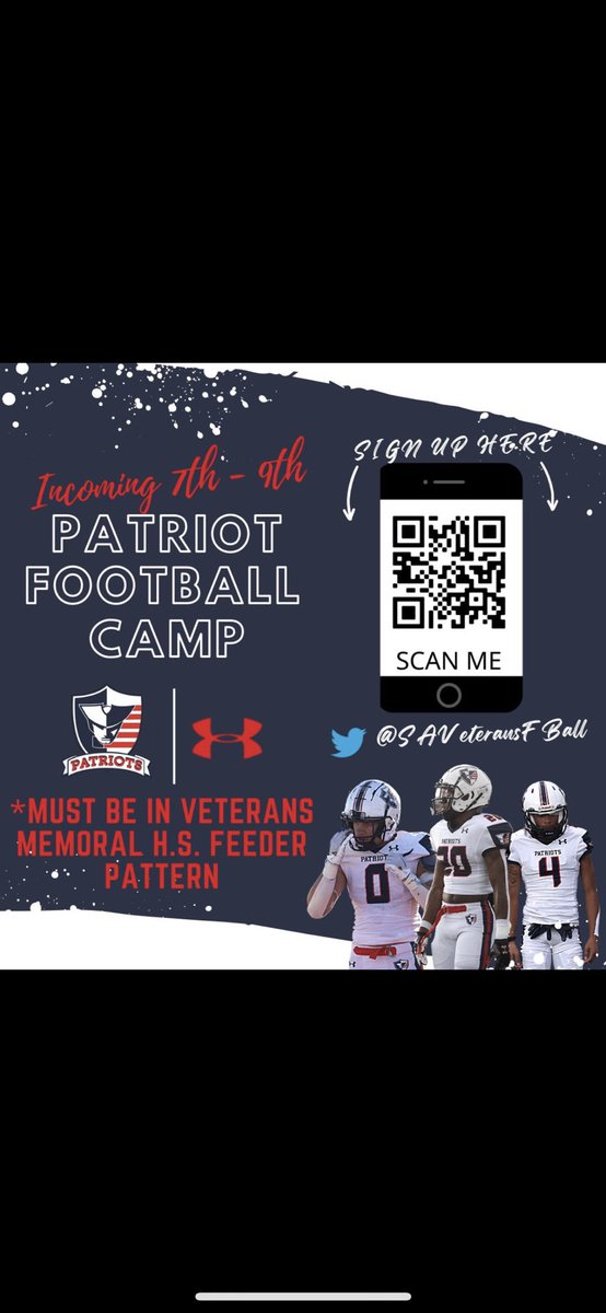 💯🔥JUST ABOUT THAT TIME 💯🔥
Future Patriot camp starts tomorrow! Catch y’all Bright & early! Check in starts at 7:30am
Camp drop off/check in & pick up will be on the football field side of campus. #EETEDT #PatriotNation #LockedAndLoaded @SAVeteransFBall @coach_velez @Jtimmy83
