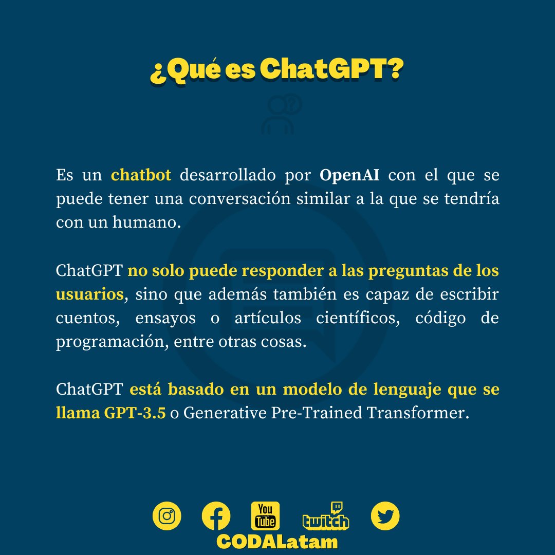 CODALatam's tweet photo. ChatGPT
Abordamos un poco lo que es el chatbot de OpenAI.🧵

#CODALatam #programacion #machinelearning #programmer #code #development #chatgpt https://t.co/oNbSDorY4I