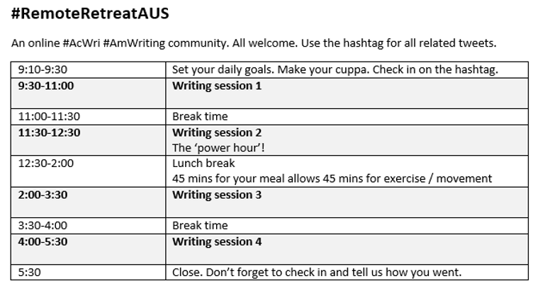 UnaMcIlvenna's tweet photo. Just a reminder that starting tomorrow Tues 25 July we'll be running a 3-day #RemoteRetreatAUS. So if you're a writer/academic who's looking for some virtual companionship in your writing then join us! Schedule below: follow the #, and join us here to update us on your progress! https://t.co/FUzieiMAsa