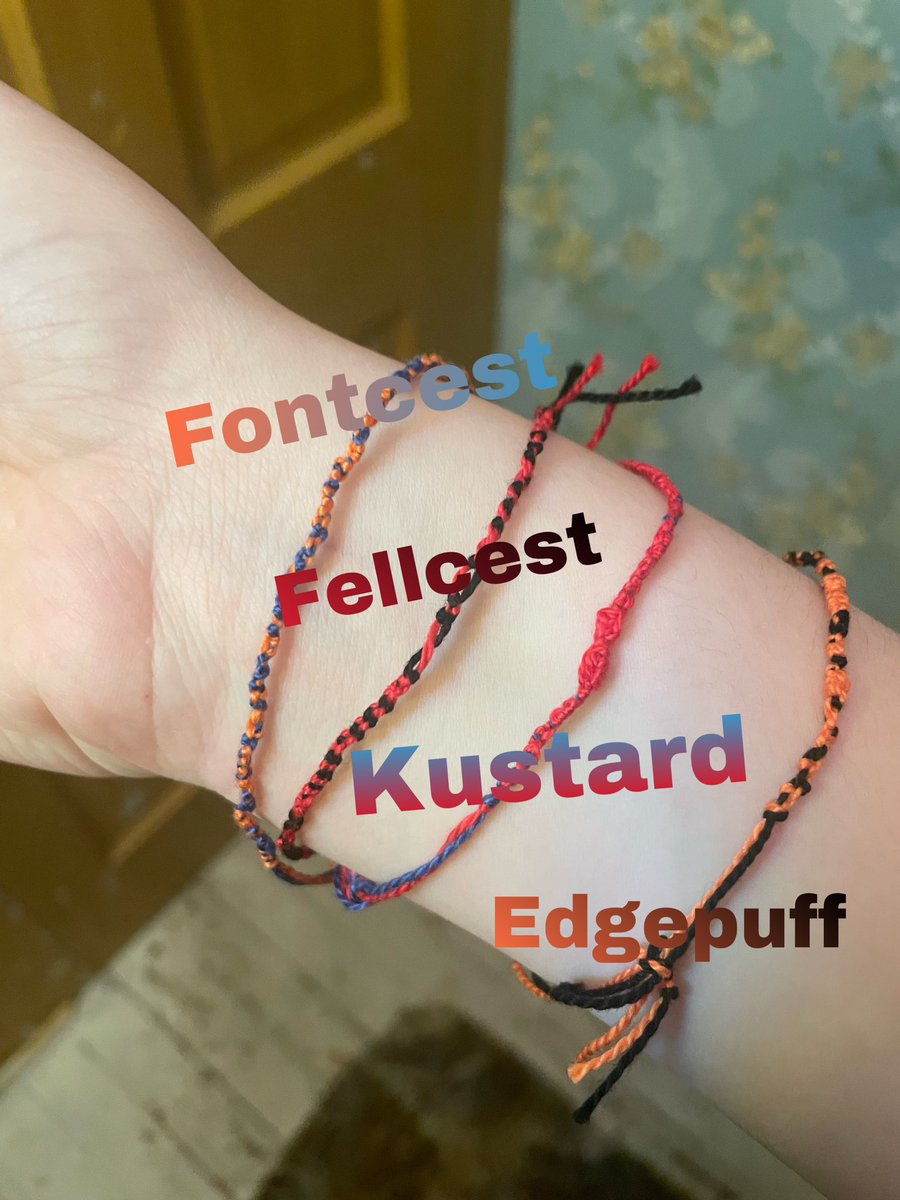 fontcest_addict's tweet photo. Here’s all of the bracelets I made inspired by these ships
#fontcest #fellcest #kustard #edgepuff https://t.co/Sr6hjaq27w