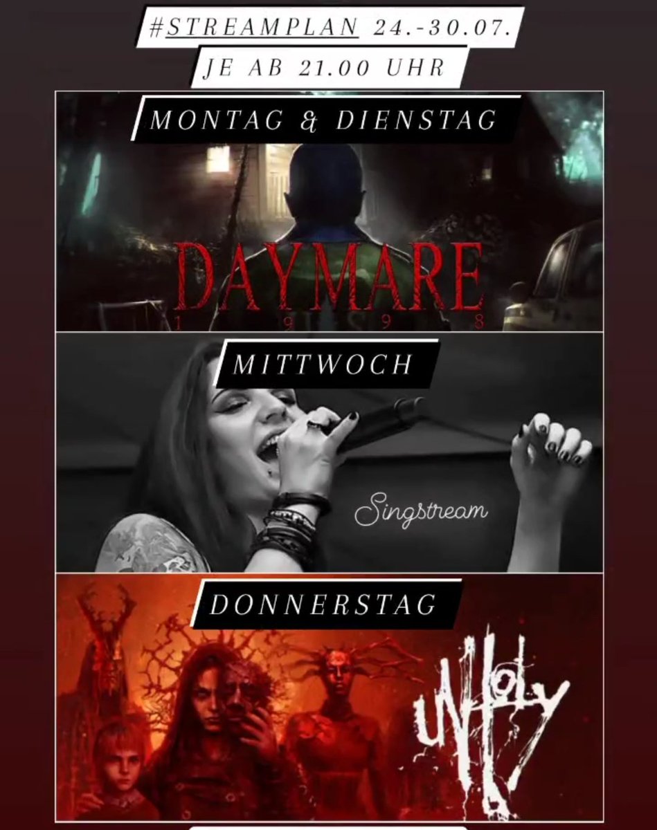 Der neue Streamplan ist da 💗
twitch.tv/TeufelsweibXx

#daymare1998
#singen
#unholy

#indiehorror #twitchmusic #twitch #TwitchDE #twitchgaming #twitchgermany