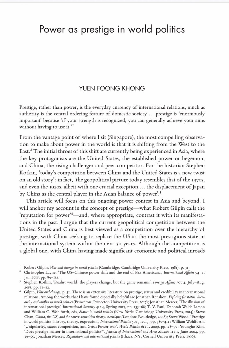 “Power as prestige in world politics”

(Yuen Foong Khong)

doi.org/10.1093/ia/iiy…