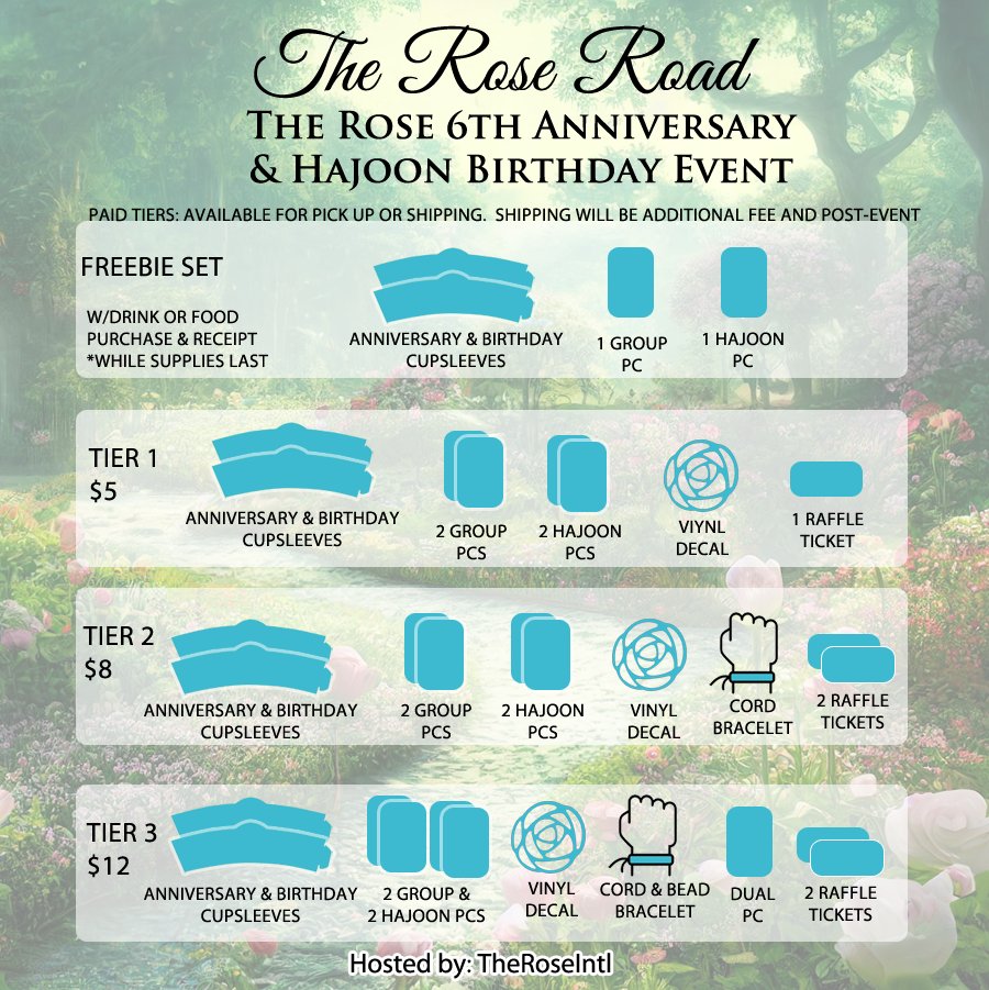 TheRoseIntl's tweet photo. Tiers, add-ons and raffle prizes! This time we have 2 raffles with some exclusive items. 
Pre-order and raffle: https://t.co/FOcG2lodaO
Please share 👀
#theroseroad 
#therose #blackrose  #HappyHajoonDay #therose6thanniversary #kpopcupsleeve  #socalcupsleeve #kpopevents https://t.co/EVO6ppcync