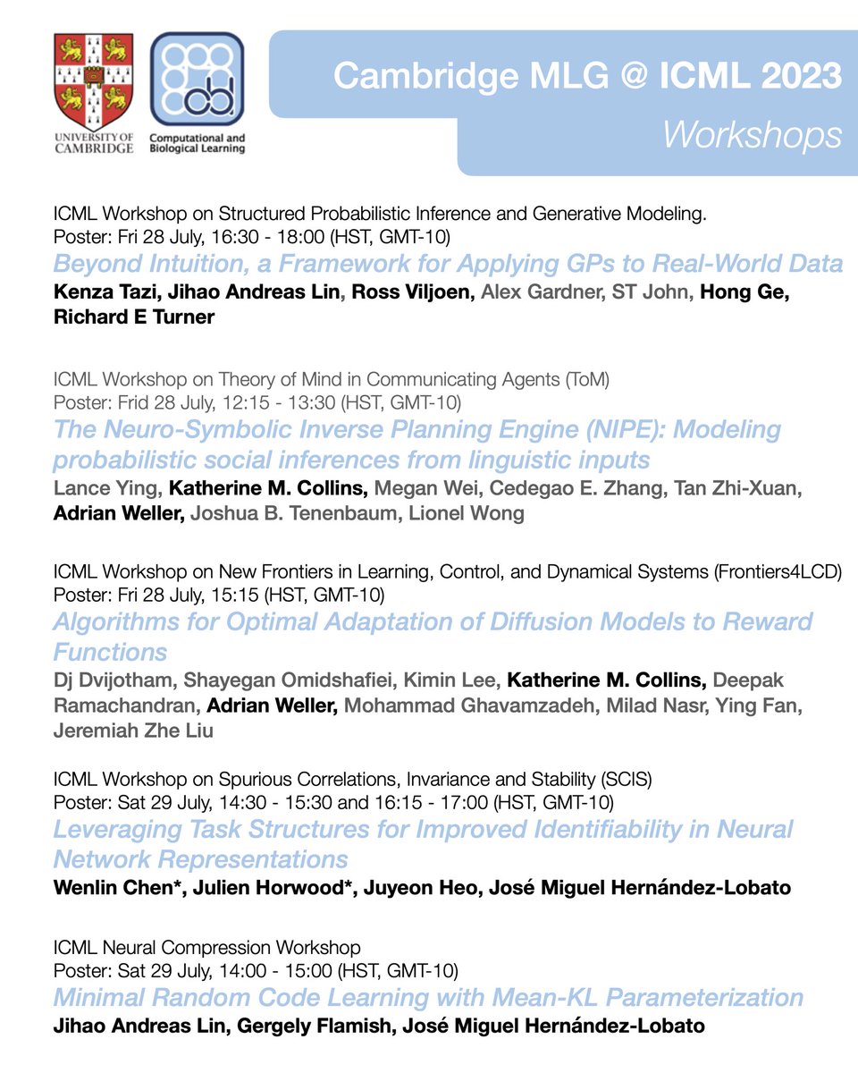 Cambridge MLG (@cambridgemlg) on Twitter photo We're at #ICML2023 and excited to share our work! Our group and collaborators will be presenting 8 papers at the main conference and 5 papers at the workshops. Check out our <a href="/icmlconf/">ICML Conference</a> schedule below, and please come talk to us and our fantastic collaborators :) We're at #ICML2023 and excited to share our work! Our group and collaborators will be presenting 8 papers at the main conference and 5 papers at the workshops. Check out our <a href="/icmlconf/">ICML Conference</a> schedule below, and please come talk to us and our fantastic collaborators :)