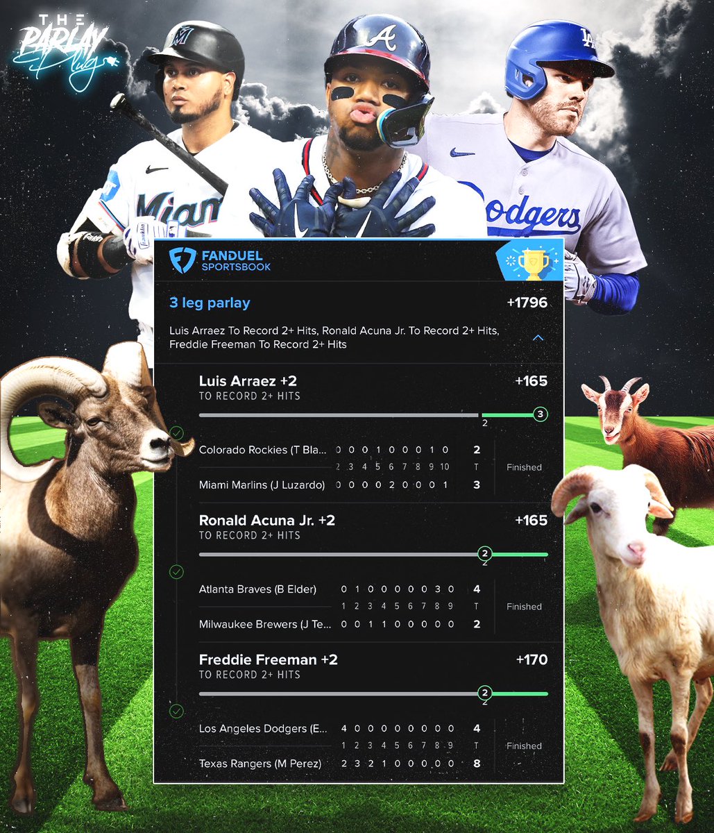 TheParlayPlug's tweet photo. Another BANGER 🔥 posted in VIP Discord! The Goats were GOATING!

✅2+ Hit GOAT Parlay (+1796)✅

▫️We also gave the 1+ Hit version of this for day 1! 🤑

🚨Since we all cashed today who wants $50!?🤑🤑

▫️Like 🔌 | RT 🔁 this post for your chance to win! 🤝
#GamblingTwitter https://t.co/O7XiylfVb9