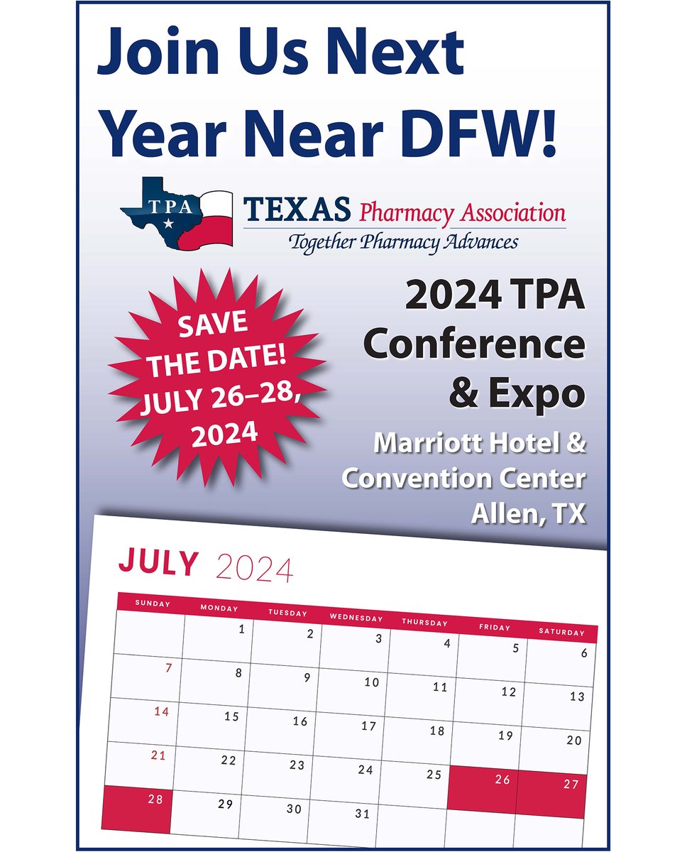 TXpharmAssn's tweet photo. Whew! Thanks to all of the wonderful Texas #pharmacy professionals who came together this weekend in Houston for the 2023 TPA Conference &amp; Expo. SAVE THE DATE for next year's event: July 26–28, 2024, at the Marriott in Allen, just outside of Dallas! #TogetherPharmacyAdvances https://t.co/RzT10WtJvW