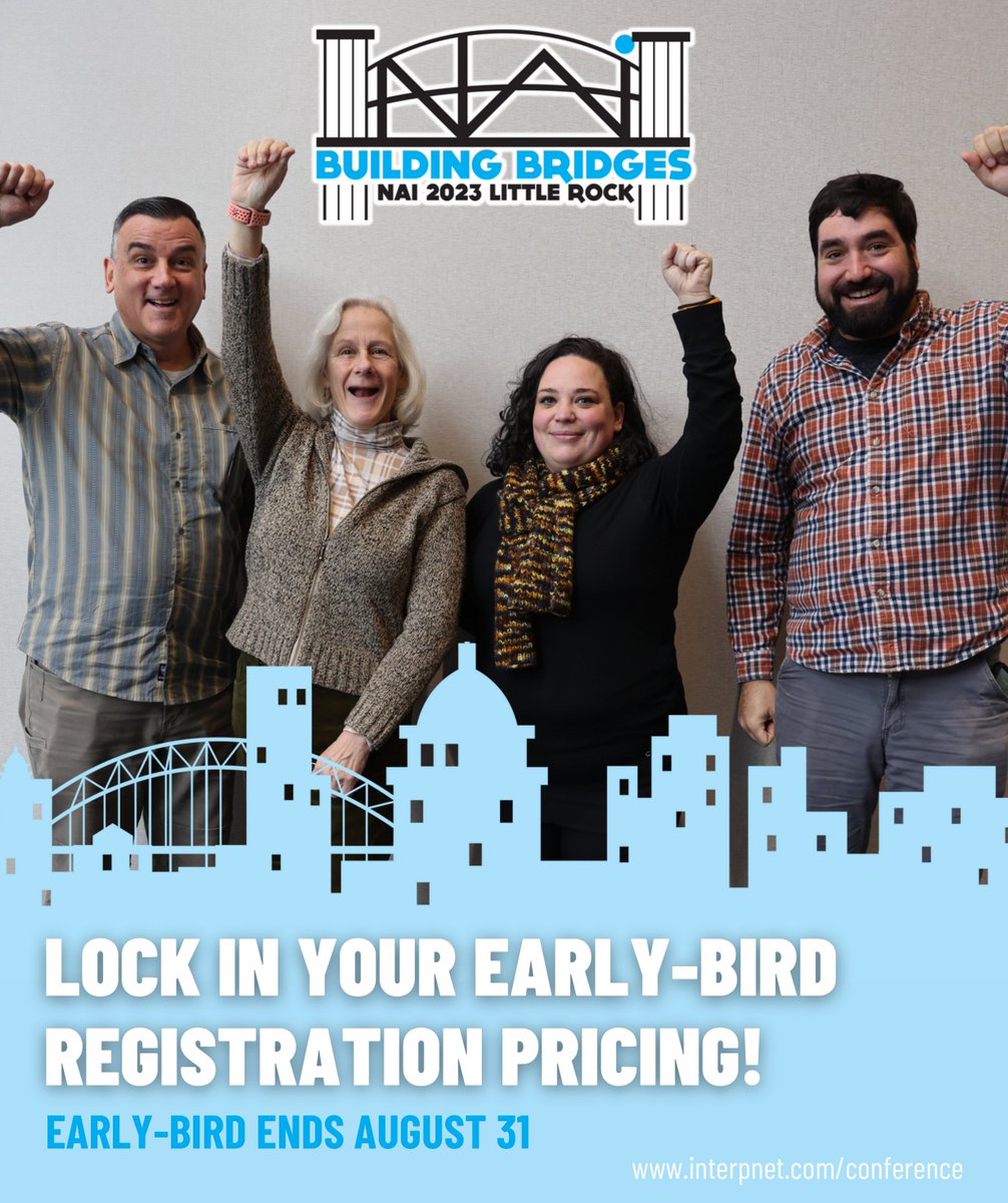 Give a fist-pump for Early-Bird registration! Take advantage of reduced pricing for the NAI 2023 'Building Bridges' conference. This special pricing ends August 31! interpnet.com/conference #interpretation #interpreters #NAI2023 #NAIconference #littlerock #littlerockarkansas