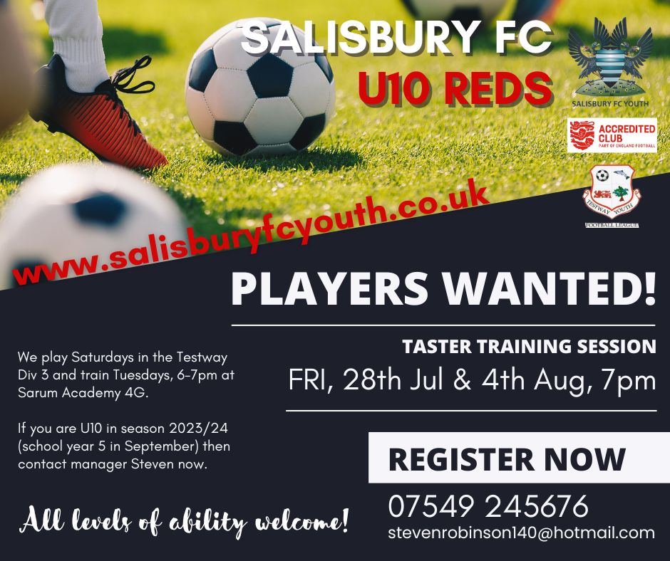 Salisbury FC Youth (@sfc_youth) on Twitter photo U10 looking for players. All abilities welcome! Call Steven now on 07549245676 <a href="/SalisburyFC/">Salisbury FC</a> <a href="/SFCSupporters/">SFC Supporters Club</a> U10 looking for players. All abilities welcome! Call Steven now on 07549245676 <a href="/SalisburyFC/">Salisbury FC</a> <a href="/SFCSupporters/">SFC Supporters Club</a>