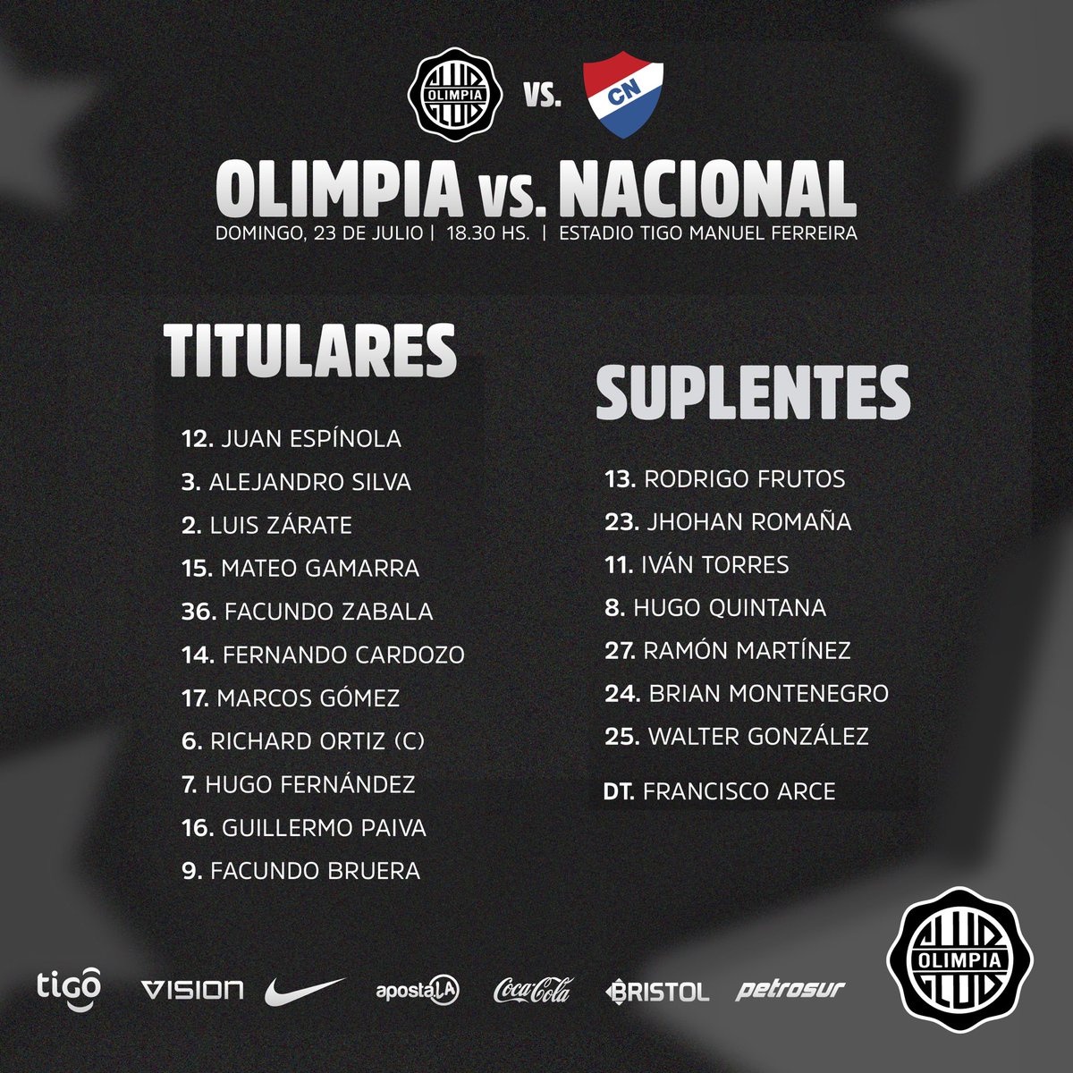 #OlimpiaDatos

⚽ #CopaDePrimera 3° Fecha
➡️ #Olimpia 🆚 #Nacional

👌 Equipo confirmado