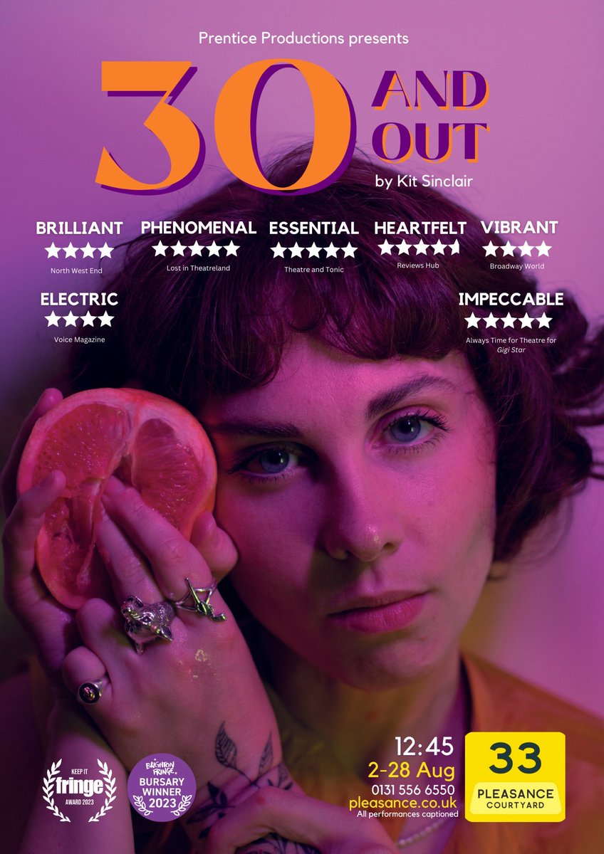 Our friends @prenticeprods @kitsinclairO are bringing a hilarious, filthy exploration of lesbian identity, from the journey of Kit in 30 AND OUT.

Expect grapefruits, heartache and harnesses! We can’t wait! 🍊💔

#ShoutOutSunday #edfringe23 #FillYerBoots 

pleasance.co.uk/event/30-and-o…