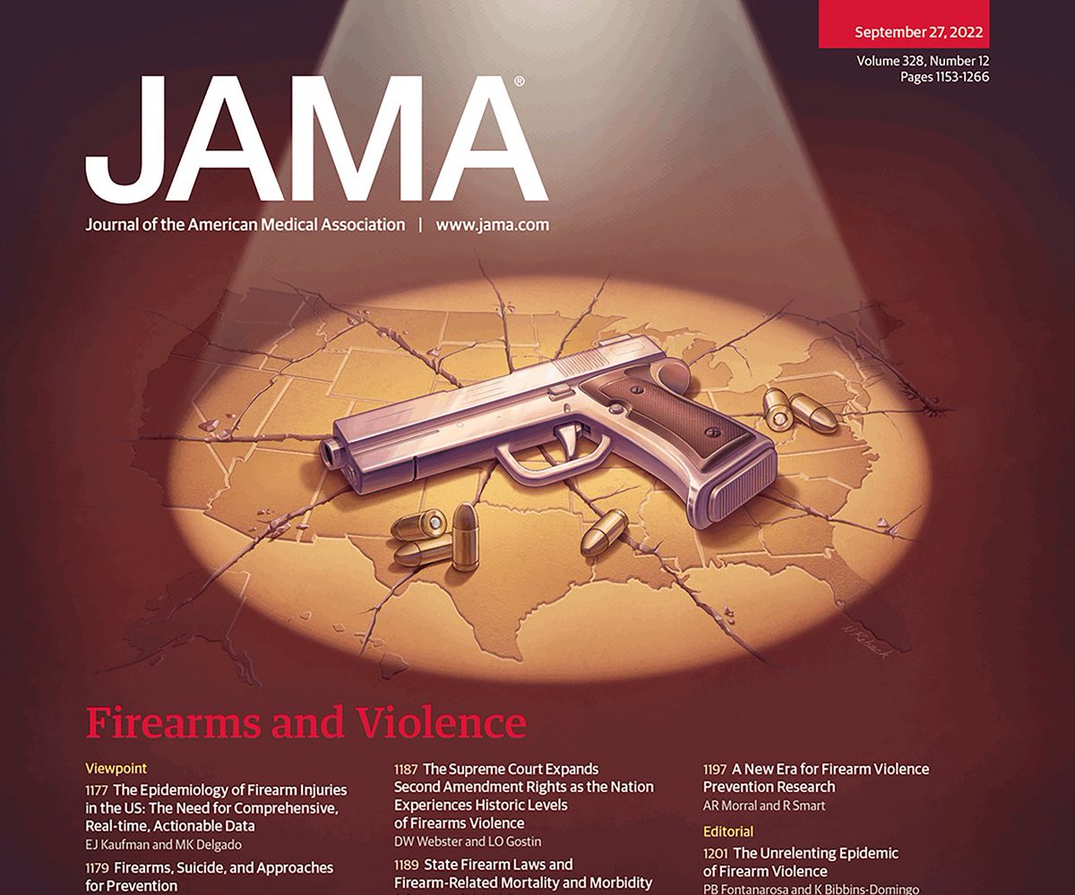Three cheers for @JAMANetwork Editorial Graphics team!! The 2023 Association of Medical Illustrators recognized Nick Reback with the Award of Excellence (the top award) for his cover illustration of the 9/27/22 firearm violence @JAMA_current theme issue jamanetwork.com/journals/jama/…
