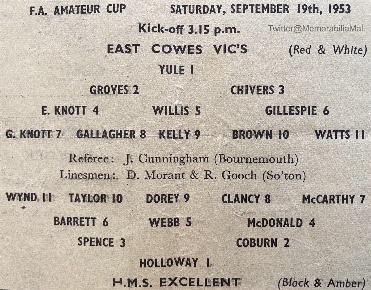 MemorabiliaMal's tweet photo. East Cowes Vics 1 HMS Excellent 0
FA Amateur Cup 19/9/53
#UTV #EastCowes #IsleofWight
#IOW #HMSExcellent #Portsmouth https://t.co/3dPIPU4bdP