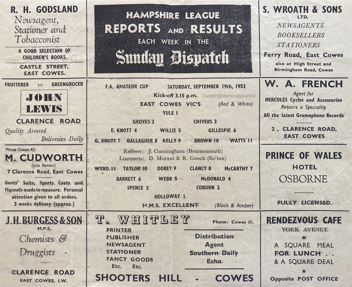 MemorabiliaMal's tweet photo. East Cowes Vics 1 HMS Excellent 0
FA Amateur Cup 19/9/53
#UTV #EastCowes #IsleofWight
#IOW #HMSExcellent #Portsmouth https://t.co/3dPIPU4bdP