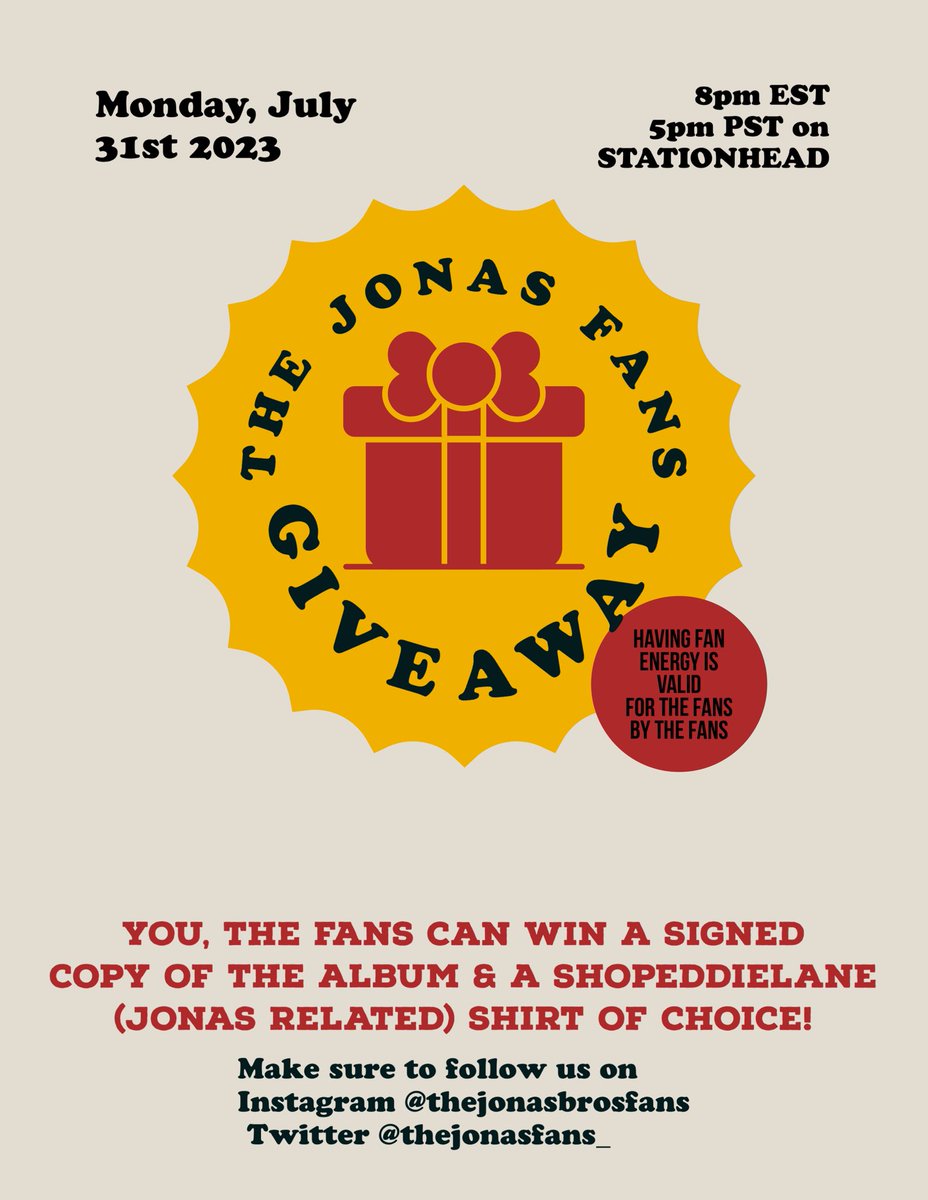 We will also be doing a giveaway for THE FANS!

RULES: 
1. Follow us on Instagram AND Twitter.
2. Must be present in stream. Screenshot your 🔥 count that shows proof you were in!
3. Comment below: your favorite Jonas song is &amp; tag a friend!

*US / CAN residents only