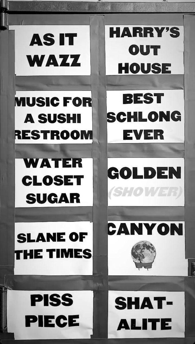HLDTour's tweet photo. A full library of all the Harry puns used on the portable toilet backstage for #LoveOnTour Europe 2023! 

📸: kodibramble https://t.co/5liEFmW0mL