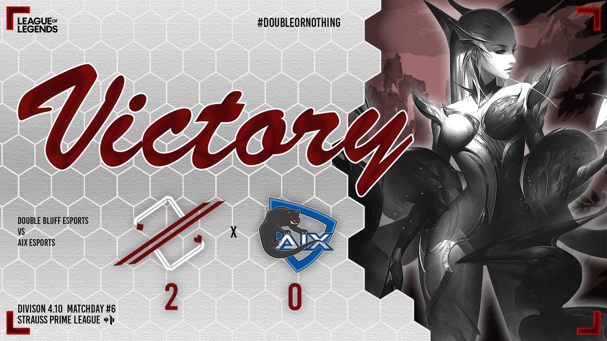 Double Bluff Esports (@doublebluff_org) on Twitter photo Ending the split in style with a 2-0 victory vs. <a href="/AIXeSports/">AIX eSports</a> and an overall score of 4-0 on the last day of the regular season in the <a href="/PrimeLeague/">Die Techniker Prime League</a>. 🩶♥️
GGs wp! 🤝 Ending the split in style with a 2-0 victory vs. <a href="/AIXeSports/">AIX eSports</a> and an overall score of 4-0 on the last day of the regular season in the <a href="/PrimeLeague/">Die Techniker Prime League</a>. 🩶♥️
GGs wp! 🤝