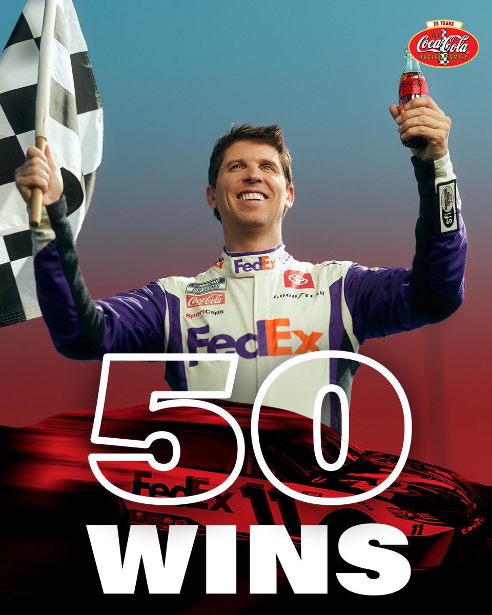 CocaColaRacing's tweet photo. Raise a glass to @DennyHamlin’s 50th @NASCAR Cup Series Win!
 
Your #CocaColaRacing Family is proud to have cheered you on for every single victory 🥤 🏁 https://t.co/05h9pHdS5y