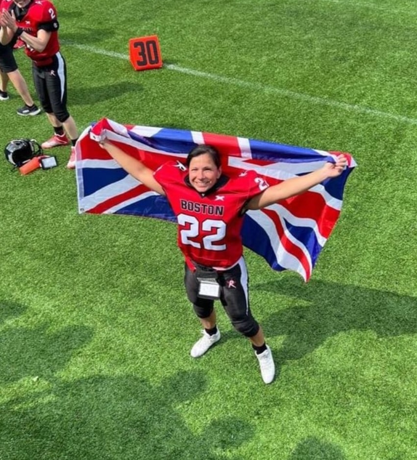 Multi time Champion @RuthMatta celebrates another @WFAfootball Pro Title with Boston @GoRenegades at Hall of Fame Village on July 22nd '23. Boston defeated St Louis 35-7 to win their 5th consecutive championship.