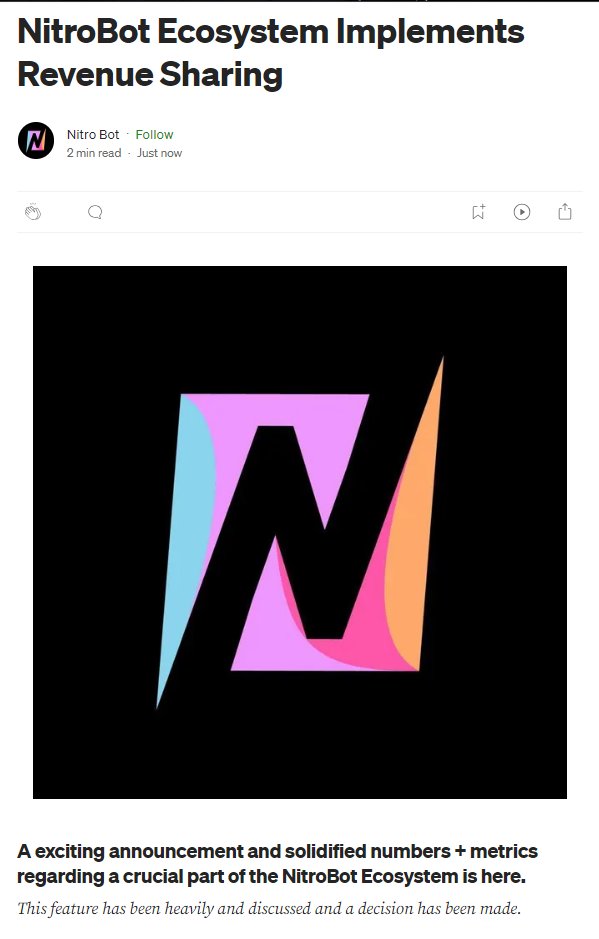 After much consideration, Nitrobot Ecosystem will be implementing Revenue Share for NitroBot Telegram Sniper.

This feature has been heavily and discussed and a decision has been made.

medium.com/@NitroBot/nitr…

#NITROBOT #NBOT #NITRO #privacy #ETH $NBOT