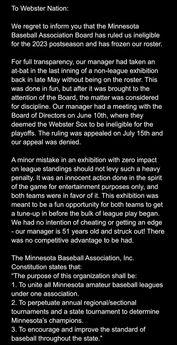 WebsterSox's tweet image. Regarding our postseason ban: